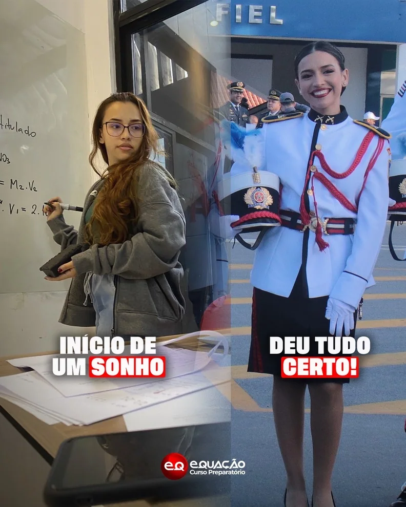 Aluna estudando e depois aprovada fardada